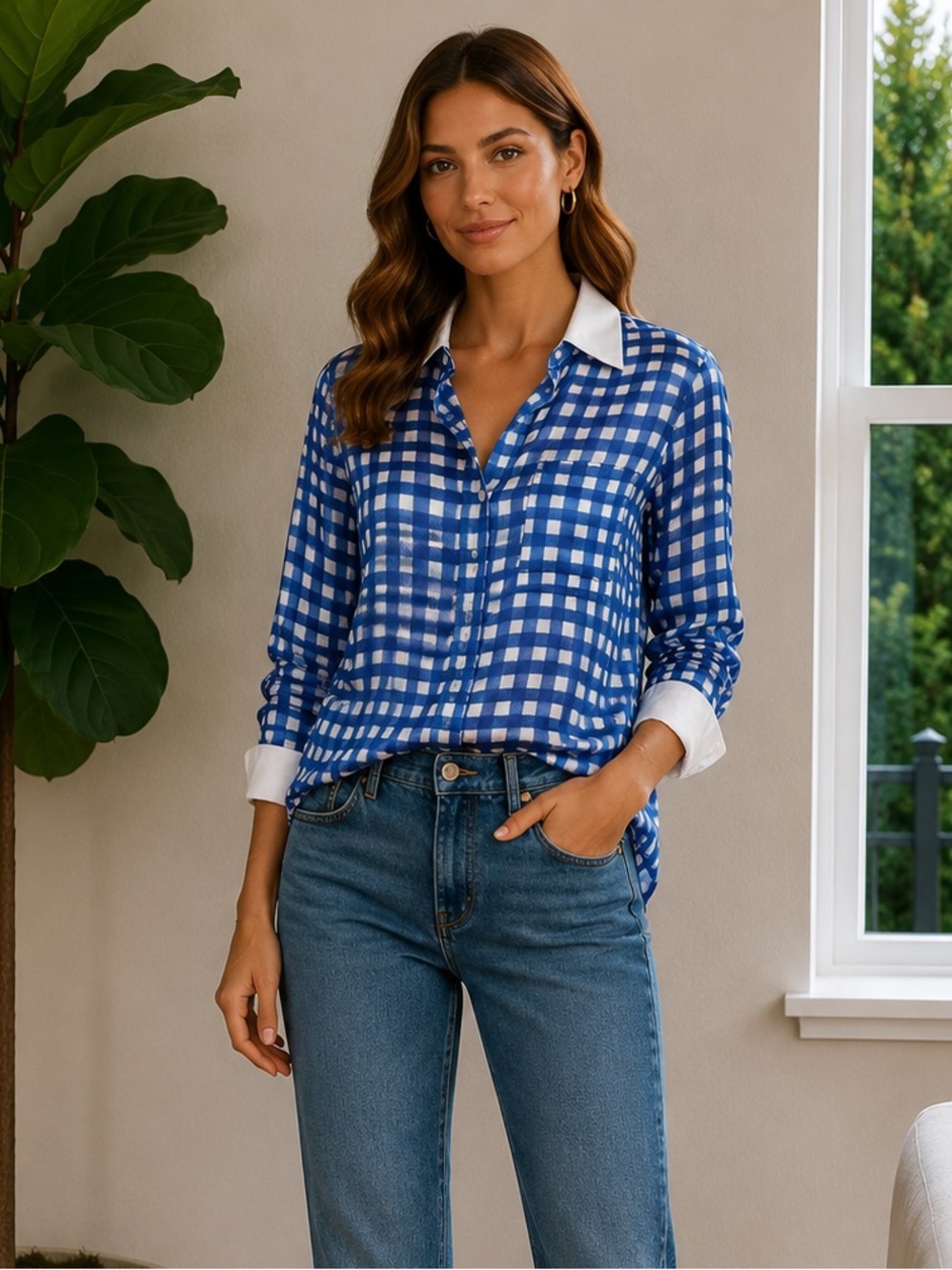 Zara Blue White Checkered Plaid Pattern Button Down Satin Shirt size XS